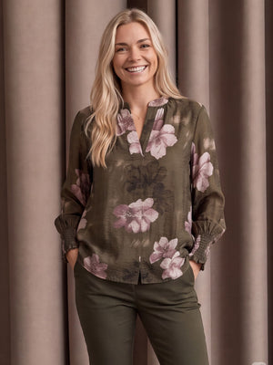I SAY Ane Printed Blouse Blouses G13 Khaki Flowerdream