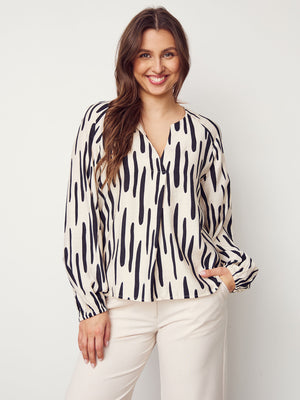 I SAY Ane V-Neck Blouse Blouses M64 Black Brushstrokes