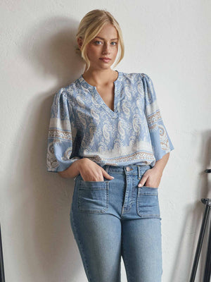 I SAY Ane s/s Blouse Blouses D88 Light Blue Border Paisley