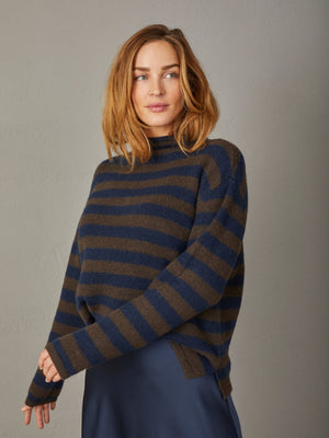 I SAY Anna Highneck Pullover Knitwear M05 Brown/Navy Stripe