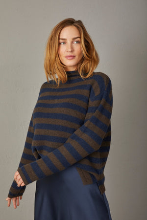 I SAY Anna Highneck Pullover Knitwear M05 Brown/Navy Stripe