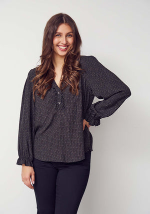 I SAY Asta Flounce Blouse Blouses M85 Graphic Khaki Strokes