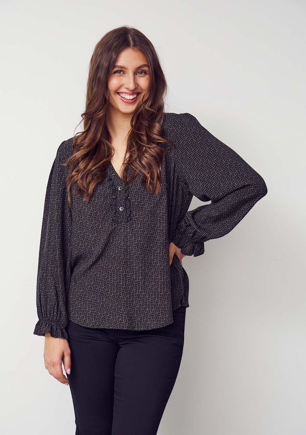 I SAY Asta Flounce Blouse Blouses M85 Graphic Khaki Strokes