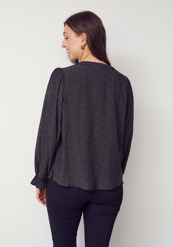I SAY Asta Flounce Blouse Blouses M85 Graphic Khaki Strokes