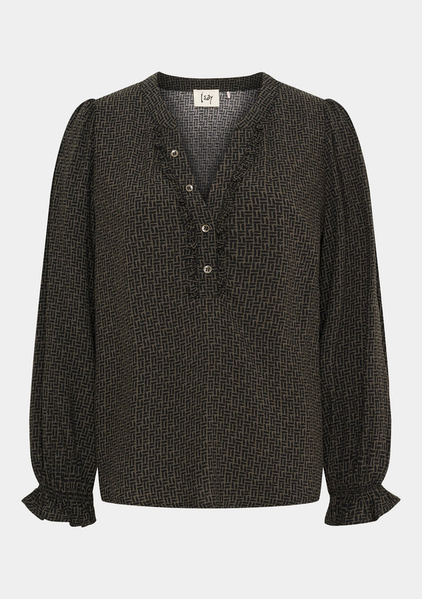 I SAY Asta Flounce Blouse Blouses M85 Graphic Khaki Strokes