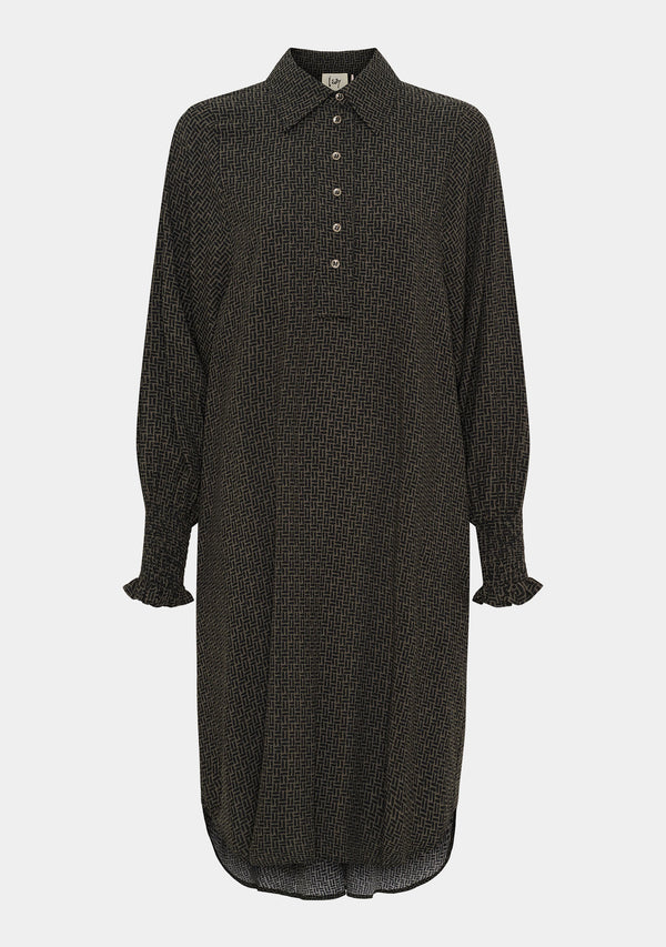 I SAY Asta Smock Dress Dresses M85 Graphic Khaki Strokes