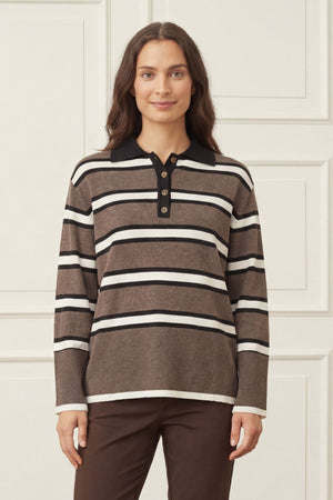 I SAY Frigga Polo Pullover Knitwear N06 Potato Melange Stripe