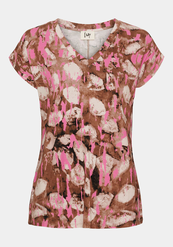 I SAY Louis Printed V-Neck T-Shirt T-Shirts M68 Luxury Camel w/Pink