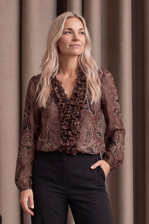 I SAY Obi Ruffle Blouse Blouses P14 Brown Flower